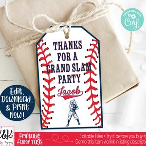 May include: Printable baseball-themed favor tag with red and blue stitching, white background, and the text "Thanks for a Grand Slam Party Jacob".
