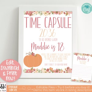 Op de afbeelding: Printbare tijdcapsule-tekenset met een pompoen- en bloemendesign. Het bord zegt "Tijdcapsule 2036 Te openen wanneer Maddie 18 is".