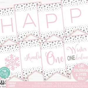 May include: Printable banner with a pink and silver snowflake design. The banner says "Happy Amelia One Winter Wonderland".
