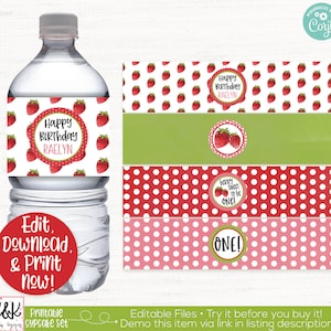 May include: Printable water bottle labels with a strawberry theme. The labels feature red and white polka dots, green leaves, and the text "Happy Birthday Raelyn", "Berry Sweet to be One!" and "One!"