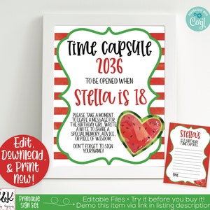 Puede incluir: Conjunto de carteles imprimibles para una c&aacute;psula del tiempo con tem&aacute;tica de sand&iacute;a. El cartel dice "Time Capsule 2036 To Be Opened When Stella is 18". Incluye una nota para que los invitados dejen un mensaje para Stella.