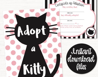 Kitty Cat Adoption Party Certificate, Kitten Adoption, Kitty Cat Party Printable, Adopt A Kitty, Pet Adoption Party, Cat Party Decoration