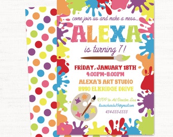 Art Birthday Party Invitation, Paint Party Invitation, Art Birthday Party Decorations, Paint Party Decorations, Girl Birthday, Rainbow Party