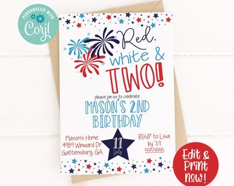 Red White and Two Birthday Party Invitation, 4th of July Birthday invitation, red white and blue, Patriotic Independence Day Birthday, 2nd
