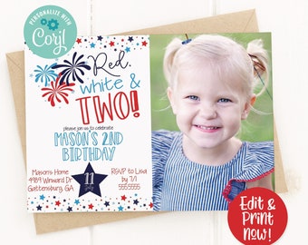 Red White and Two Birthday Party Invitation, 4th of July Birthday invitation, red white and blue, Patriotic Independence Day Birthday, 2nd