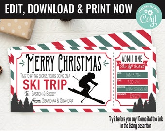 Christmas Ski Trip Ticket Surprise Gift Voucher, Ski Lift Ticket Printable Template Gift Card, Editable Instant Download, Gift Certificate