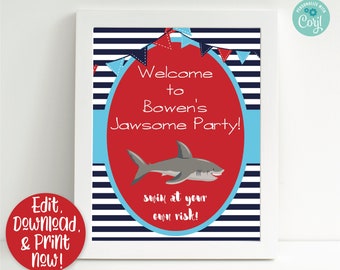 Shark Party Signs, Shark Welcome Sign, Shark Printable Sign, Shark Birthday Party Decorations, Shark 1st Birthday, First Birthday, Editable