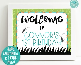 May include: A printable welcome sign for a first birthday party with a bug theme. The sign is green and features a black silhouette of grass, orange ants, and black and gray beetles. The text on the sign reads "Welcome to Connor's 1st Birthday".