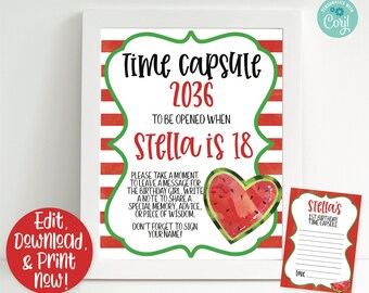 Könnte beinhalten: Druckbarer Zeitkapsel-Schildesatz mit Wassermelonen-Motiv. Das Schild lautet "Time Capsule 2036 To Be Opened When Stella is 18". Es enthält eine Notiz für Gäste, um eine Nachricht für Stella zu hinterlassen.