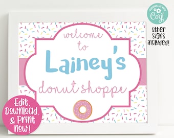 Donut Party Signs, Donut Welcome Sign, Donut Birthday Party Decorations, Girls 1st Birthday, First Birthday, Donut Printable, Editable Sign