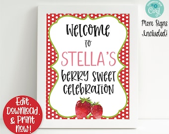 Strawberry Party Signs, Strawberry Welcome Sign, Strawberry Birthday Party Decorations, Berry Sweet to be One, Girls First Birhtday, Printab