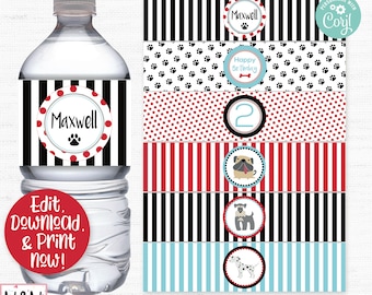May include: Printable water bottle labels with a dog theme. The labels feature a black and white striped pattern, red polka dots, and paw prints. The labels are personalized with the name "Maxwell" and the text "Happy Birthday".