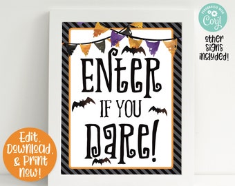 Halloween Party Signs, Halloween Welcome Sign, Enter if you dare, Halloween Printable, Kids Halloween, Halloween Party Supplies, Editable