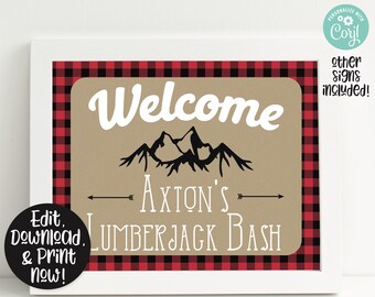 Puede incluir: Un cartel de bienvenida imprimible con un borde de cuadros rojos y negros. El cartel presenta un fondo marrón con texto blanco que dice "Bienvenido", "Axton's Lumberjack Bash", y una silueta negra de montañas.