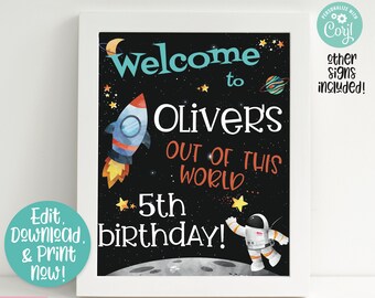 Outer Space Party Signs, Outer Space Birthday Party Decorations, Space Welcome Sign, Outer Space Printable, Rocket Ship Sign, Astronaut Sign