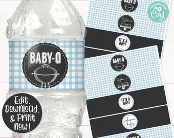 Baby Q Water Bottle Label, Baby Q Drink Label, Baby Q Baby Shower Decorations, Barbecue Baby Shower, BBQ Printable, Coed Couple Shower, Blue