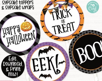 May include: Set of six printable Halloween cupcake toppers featuring black and white polka dot, orange and black bat, and purple and black bat designs. The toppers feature the text "Happy Halloween", "Trick or Treat", "Boo", and "Eek!"