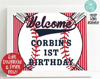 Baseball Birthday Party Signs, Baseball Party Welcome Signs, Baseball Birthday Party Decorations, Boys 1st Birthday Printable, Sports Party