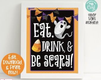 Halloween Party Signs, Halloween Welcome Sign, Eat Drink & Be Scary, Halloween Printable, Kids Halloween, Halloween Party Supplies, Editable