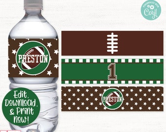 Football Water Labels, Football Drink Label, Football Birthday Party Decorations, Tailgate Party, Sports Party, Football Printable, Editable