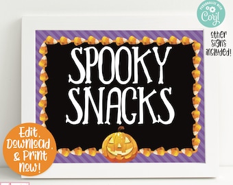 Peut inclure: Affiche imprimable avec un fond rayé violet et blanc. L'affiche a un tableau noir avec le texte "SPOOKY SNACKS" en blanc. Une citrouille d'Halloween est en dessous du texte. L'affiche est entourée d'une bordure de maïs sucré orange et jaune.
