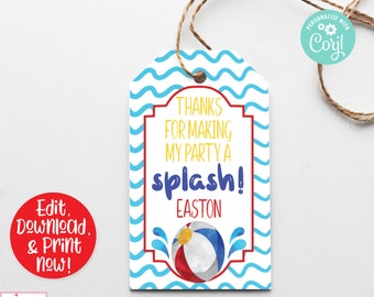 May include: A blue and white printable favour tag with a beach ball and the text "Thanks for making my party a splash! Easton".