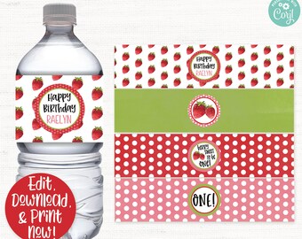 Strawberry Water Bottle Labels, Strawberry Drink Wraps, Strawberry Water Wraps, Strawberry Birthday Party Decorations, Berry Sweet to be one