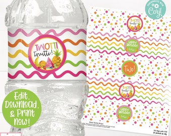 May include: Printable water bottle labels with a tropical fruit theme. The labels feature a pink, green, and yellow wavy design with the text "TWOTTI Fruitti!" and "Happy Birthday Kate".