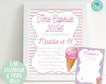 May include: A printable sign set for a first birthday time capsule. The sign is pink and white striped with a green and white ice cream cone graphic. The text on the sign reads "Time Capsule 2036 to be opened when Maddie is 18".