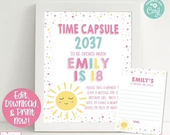 May include: A printable sign set for a time capsule party. The sign says "Time Capsule 2037 To Be Opened When Emily Is 18". It features a yellow sun with a smiling face and a pink, blue, and yellow polka dot background. The second sign says "Emily's 1st Birthday Time Capsule" and has lines for writing messages.