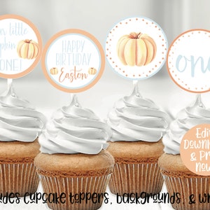May include: Four cupcake toppers with a pumpkin theme. The toppers feature a pumpkin, the words "our little pumpkin is one", "happy birthday Easton", and "one".