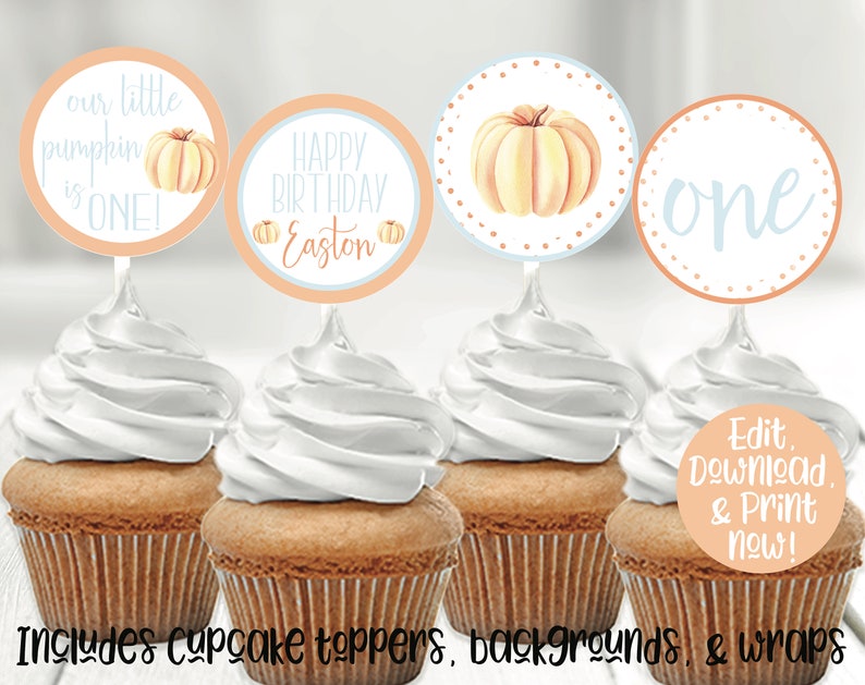 May include: Four cupcake toppers with a pumpkin theme. The toppers feature a pumpkin, the words "our little pumpkin is one", "happy birthday Easton", and "one".