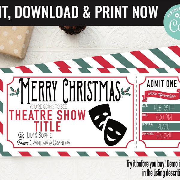 Christmas Theatre Play Musical Ticket Surprise Gift Voucher, Surprise Theatre Musical Printable Template Editable Instant Download Certifica