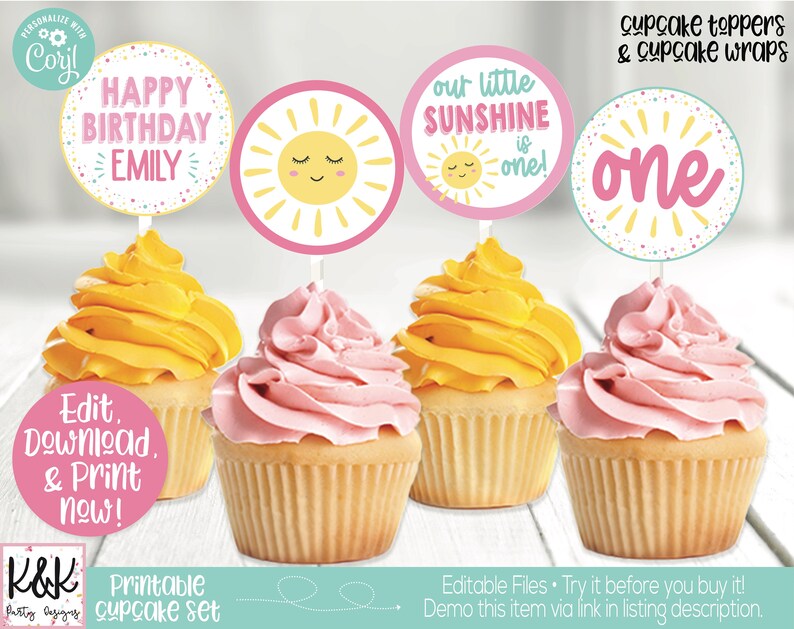 May include: Printable cupcake toppers and wrappers with a sunshine theme. The toppers feature a yellow sun with a smiling face and the text "our little sunshine is one!" and "one". The wrappers feature a yellow sun with a smiling face and the text "Happy Birthday Emily".