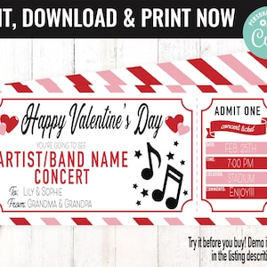 Valentine Concert Ticket Surprise Gift Voucher, Surprise Concert Show Artist Printable Template, Editable Instant Download, Gift Certificate