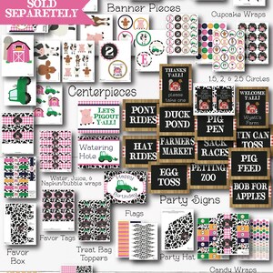 May include: A printable farm party set with over 70 pages of decorations. The set includes a banner, cupcake wrappers, centerpieces, party signs, favor tags, treat bag toppers, food labels, coordinating papers, and more. The set features a pink and black cow print design with farm animals and other farm-themed elements.