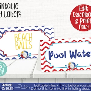 Pool Party Food Labels, Beach Ball Food Labels, Pool Party Place Cards, Pool Party Buffet Cards, Pool Party Decorations, Summer Party, Beach