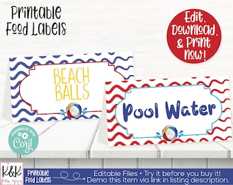 Pool Party Food Labels, Beach Ball Food Labels, Pool Party Place Cards, Pool Party Buffet Cards, Pool Party Decorations, Summer Party, Beach
