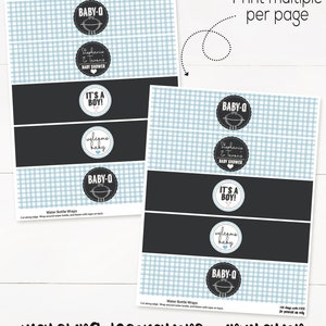 May include: Printable water bottle wraps for a baby shower. The design features a blue and white gingham pattern with black and white text that says "BABY-Q", "Stephanie & Tavans", "Baby Shower", "It's a Boy!" and "Welcome Baby".
