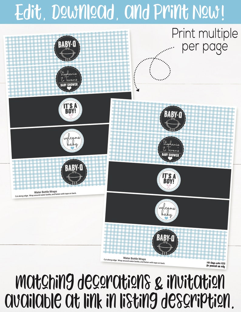 May include: Printable water bottle wraps for a baby shower. The design features a blue and white gingham pattern with black and white text that says "BABY-Q", "Stephanie & Tavans", "Baby Shower", "It's a Boy!" and "Welcome Baby".