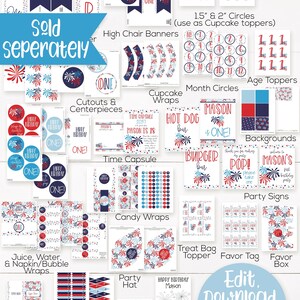 May include: A printable 4th of July party package with red, white, and blue fireworks designs. The package includes cupcake wrappers, banners, party signs, food labels, and more. The text "PERSONALIZE WITH Coryl" is in the top right corner of the image.
