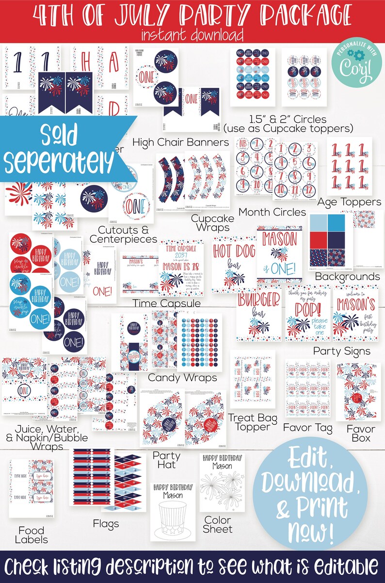 May include: A printable 4th of July party package with red, white, and blue fireworks designs. The package includes cupcake wrappers, banners, party signs, food labels, and more. The text "PERSONALIZE WITH Coryl" is in the top right corner of the image.