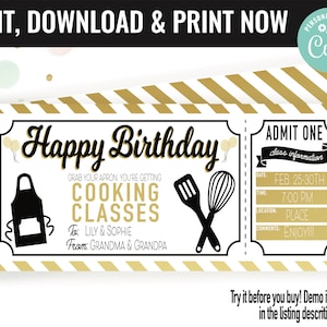 Birthday Surprise Cooking Lessons Gift Voucher, Cooking Lessons Printable Template Gift Card, Editable Instant Download Gift Certificate