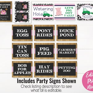 May include: Printable farm-themed party signs with pink and black gingham accents. The signs feature text such as "Welcome Y'all!" and "Egg Toss".
