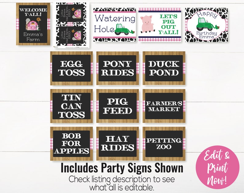 May include: Printable farm-themed party signs with pink and black gingham accents. The signs feature text such as "Welcome Y'all!" and "Egg Toss".