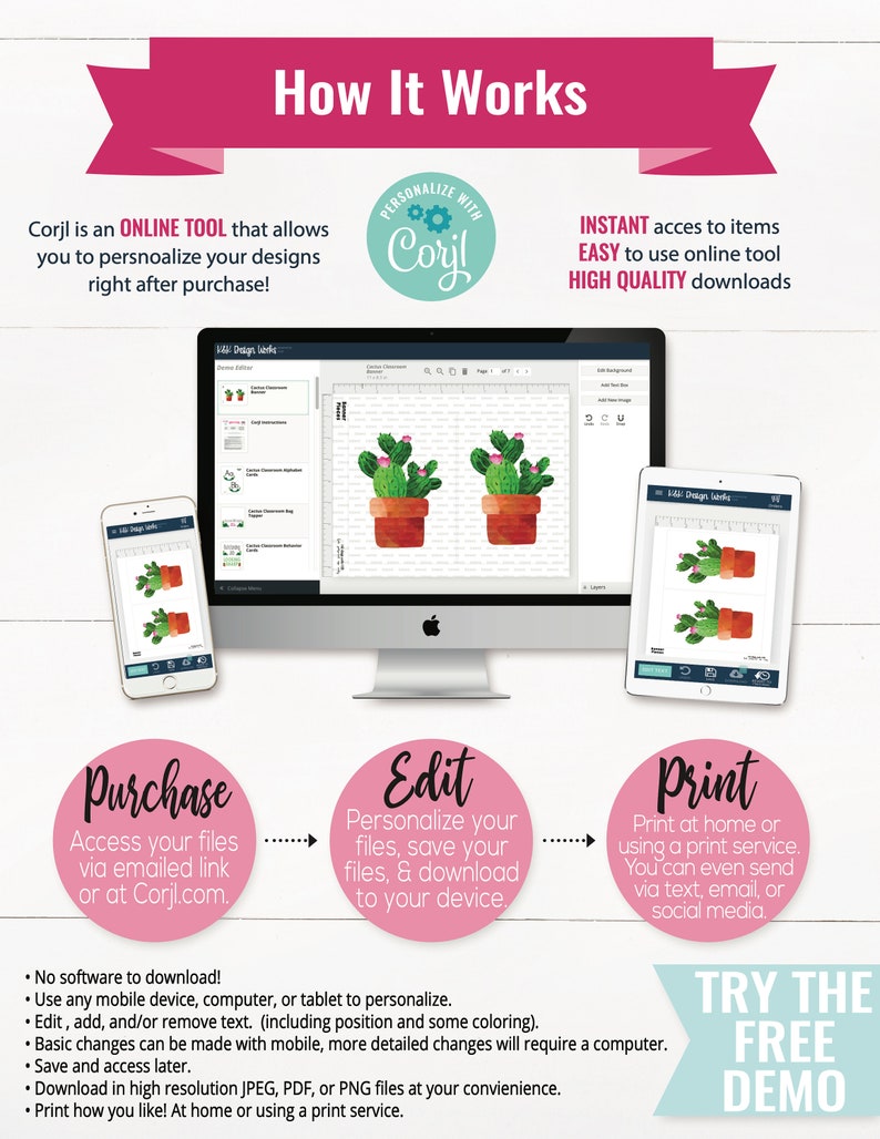 May include: A graphic showing how to use the Corjl online tool to personalize and download digital designs. The graphic shows a computer screen, a smartphone, and three steps: Purchase, Edit, and Print. The text "TRY THE FREE DEMO" is also included.