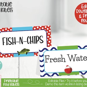 Ofishally One, Fish Food Labels, Fish Buffet Cards, Fish Place Cards, o-fish-ally one, the big one, Fish Birthday Party Decorations, 1st Bir