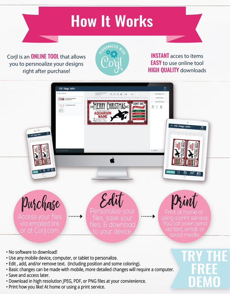 May include: A digital illustration showing how to personalize printable designs using the Corjl online tool. The image shows a computer screen, a tablet, and a smartphone, each displaying a different stage of the process: purchase, edit, and print. The text "TRY THE FREE DEMO" is displayed in a pink box at the bottom of the image.