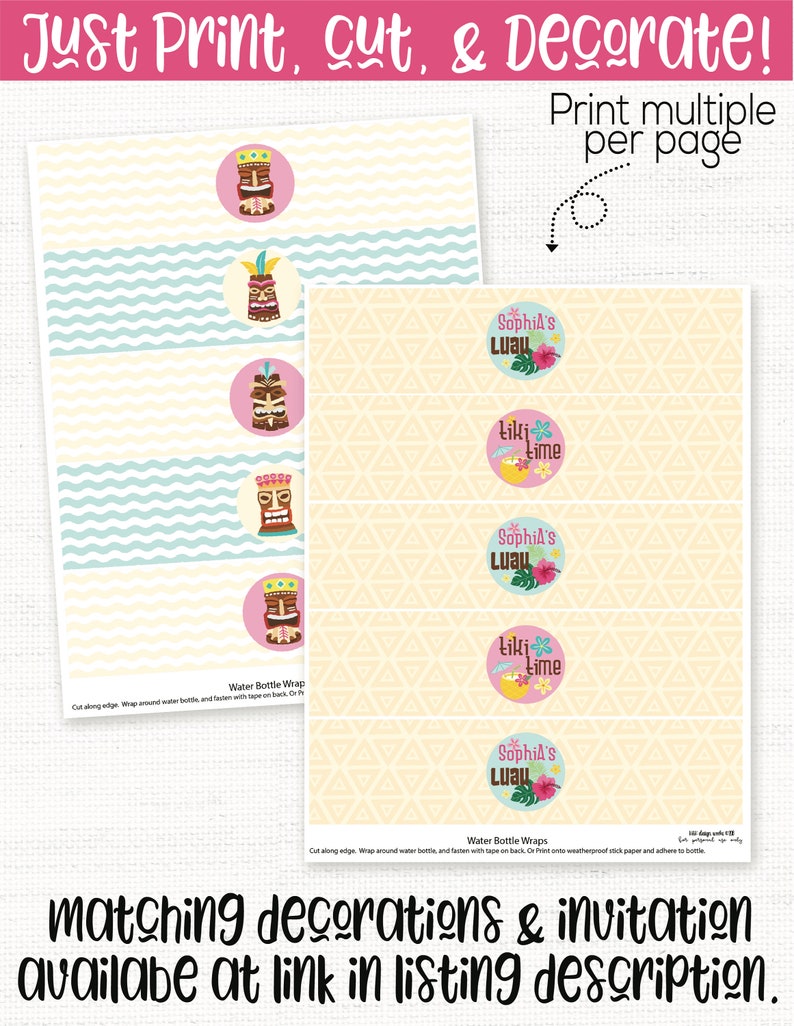 Pu&ograve; includere: Avvolgibottiglie stampabili a tema luau tropicale. Gli avvolgibottiglie presentano divinit&agrave; tiki, fiori e il testo "Sophia's Luau" e "Liki Lime".