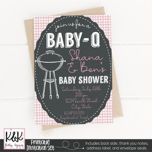 May include: A printable baby shower invitation set with a chalkboard background and a pink gingham pattern. The invitation features a cartoon drawing of a grill and the text "Join us for a Baby-Q Shana & Ben's Baby Shower Saturday, July 26th 3:00 pm 1234 South Street City, State RSVP 555,5555 Registered at Target".